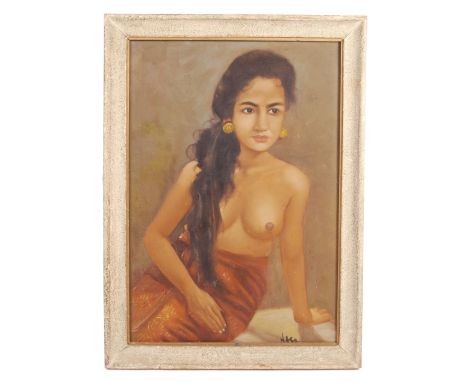 Hasan - Indonesian Artist - A good mid-20th century portrait oil on canvas painting of a young Indian nude girl. Depicted sea