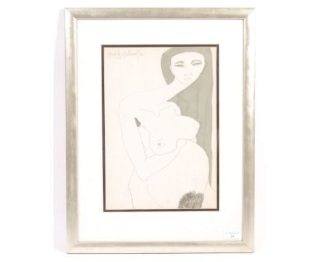 Beverley Gilvanov - 1972 - a 1970's pencil and watercolour abstract sketch / painting of a pregnant nude female. Signed to up