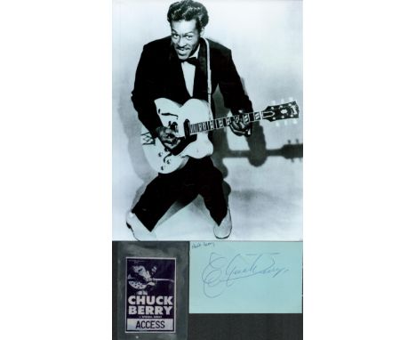 Chuck Berry signed 5x3 album page, backstage pass and 10x8 vintage black and white unsigned photo. Good condition. All autogr