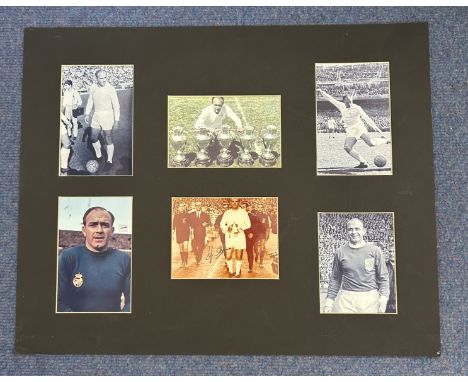 Football Alfredo Di Stefano signed 6 x 4 sepia photo, mounted with five other unsigned photos to approx 18 x 20 inches overal