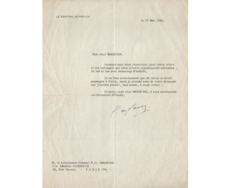 Charles De Gaulle vintage TLS dated 17th May 1955. Charles André Joseph Marie de Gaulle (22 November 1890 - 9 November 1970),