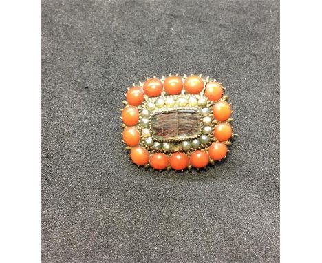 Antique Coral & seed-pearl mourning brooch panel set with hair in yellow metal acid tested as 9ct Gold glass cracked replaced