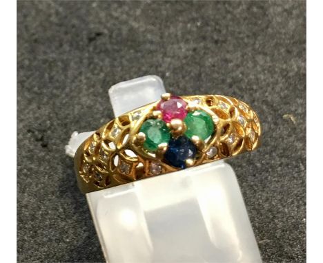 18ct Gold Emerald Ruby and Sapphire with Diamond shank ring weight 3.7g set with Ruby, Emerald and Sapphire with small Diamon