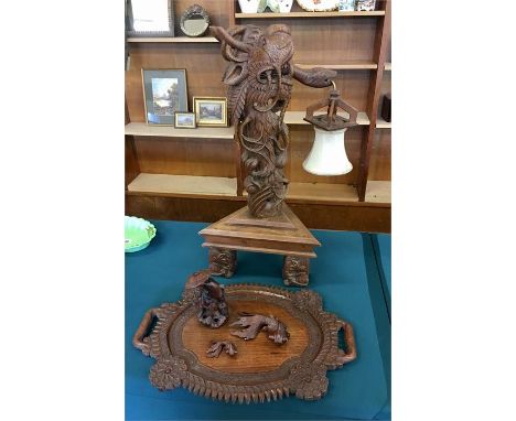 Vintage carved Asian lamp, carved tray 2 fish figures and Japanese figure 