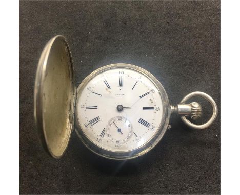 Antique Patek Geneve Silver full hunter pocket watch, the watch is named on the white enamel dial Patek ,the dust cover  is n