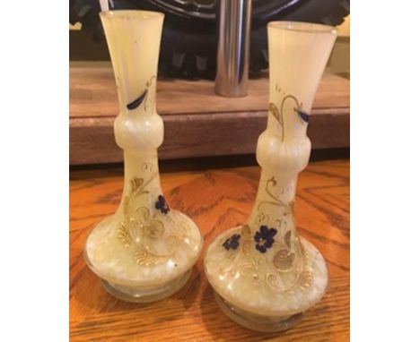  A pair of art nouveau green hand blown glass vases, hand decorated in enamel, circa 1900
 