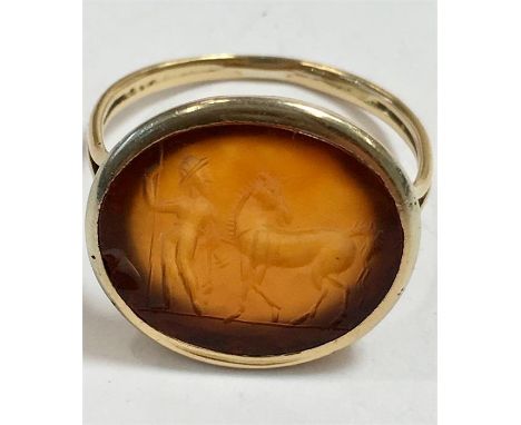 Antique hard stone Intaglio ring small edge chip to hard stone set in high carat Gold measures 15mm by 15mm