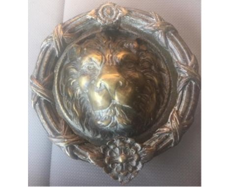 A very good, late 19th century massive solid brass lion mask door knocker
 