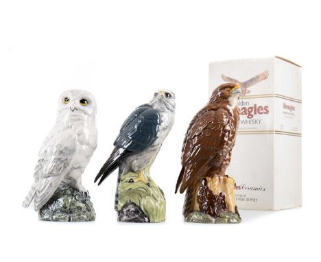 3 WHYTE & MACKAY BENEAGLES CERAMIC BIRD OF PREY DECANTERS 3 BOTTLES OF BLENDED WHISKY 3 WHYTE & MACKAY BENEAGLES CERAMIC BIRD