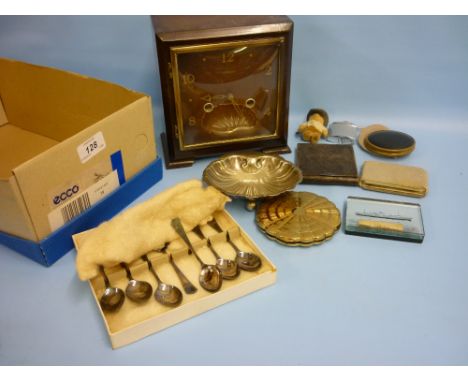 Mirrored paperweight in the form of a steam ship, inscribed J. Leserve, wooden snuff box, Deco mantel clock and a quantity of