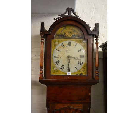 George III oak mahogany crossbanded longcase clock, the arched hood above panel door and plinth base with low bracket support