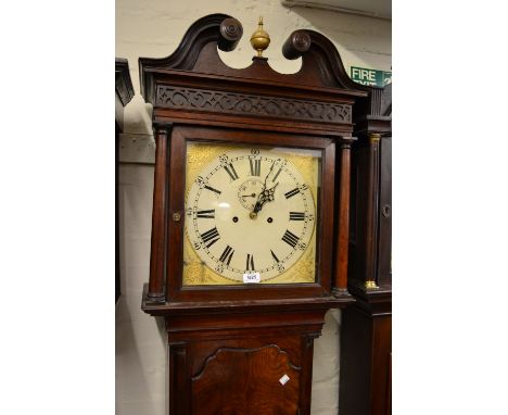 Early 19th Century mahogany longcase clock, the square hood with swan neck pediment and blind fretwork decoration above a sha