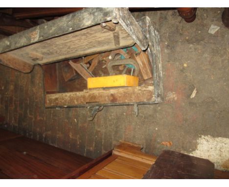 Black painted tool box containing a quantity of various woodworking tools, planes etc