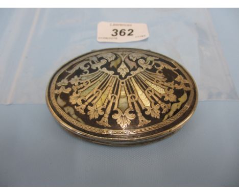 19th Century continental oval white metal and mother of pearl inlaid snuff box with engraved decoration, 2.5ins x 3.5ins (a/f