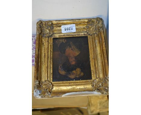 19th Century oil on panel, head and shoulder portrait of a lady with feathers in her hat and distant landscape in a contempor