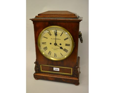 George III mahogany bracket clock, having circular painted dial with Roman numerals and inscribed W.J. Carroll, London Street