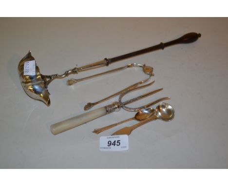 Pair of Georgian silver sugar tongs, silver and turned wooden toddy ladle, silver and mother of pearl toasting fork and two s