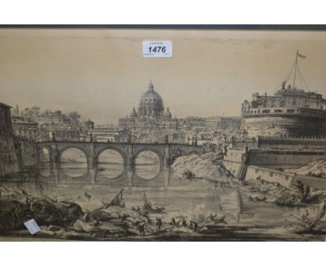 Black and white print of the viaduct and castle Sant Angelo, Rome, 13ins x 20ins