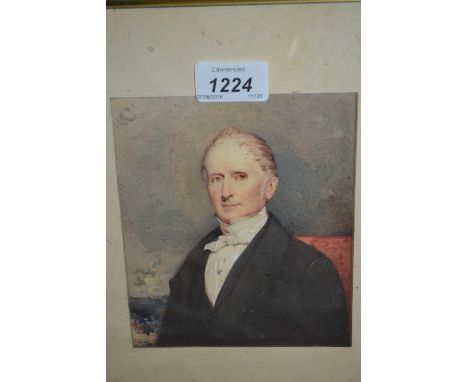 19th Century watercolour, head and shoulder portrait of a gentleman in a white bow tie, 6ins x 5ins, gilt framed