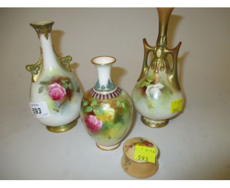 Small Royal Worcester baluster form vase hand painted with roses together with two other two handled vases (one restored) and