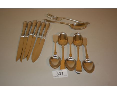 Set of six silver handled fruit knives by John Round, dated 1921, a Sheffield silver spoon and fork and a set of five Victori