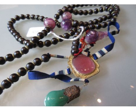 Chinese court necklace incorporating amethyst, rose quartz, silk and other beads