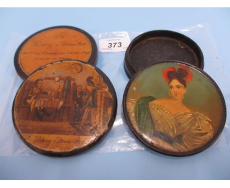 19th Century circular snuff box mounted with a coloured print, titled ' Picking a Drumstick ', inscribed beneath No. 4, toget