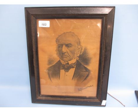 Unusual Mauchline ware wooden panel with a portrait of William Gladstone, executed on sycamore wood from a tree grown in Rawa