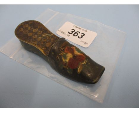 Small continental 19th Century snuff box in the form of a shoe with green leather and embroidered cover, 3.75ins long