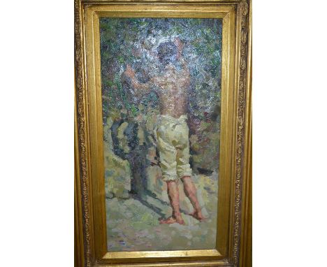 Follower of Henry Scott Tuke, oil on panel, portrait of a beach boy, 16ins x 8ins