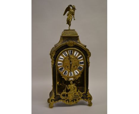 18th / 19th Century French ebonised boulle and ormolu mounted bracket clock with figural surmount, the chased gilt brass dial