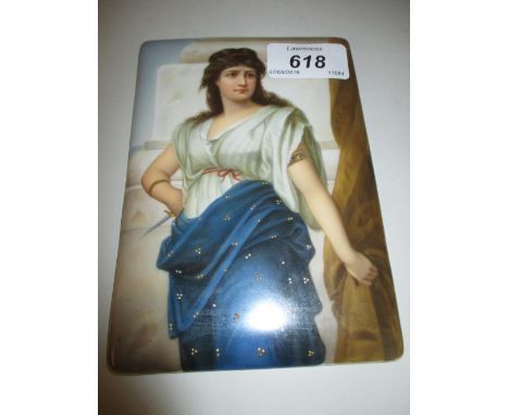 Late 19th Century Berlin type porcelain plaque with hand painted decoration on a print base, depicting a classical maiden hol