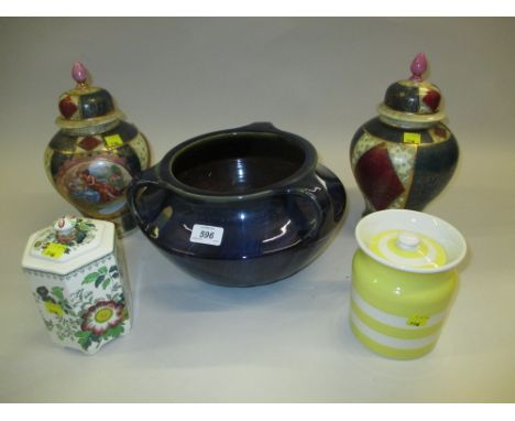 Large Denby stoneware three handled jardiniere together with a T.G. Green yellow banded Cornish canister with cover, a pair o