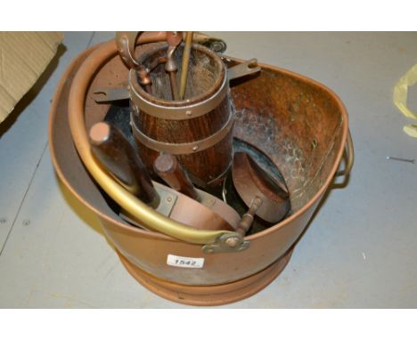 Copper swing handled coal scuttle together with a quantity of various fire tools etc