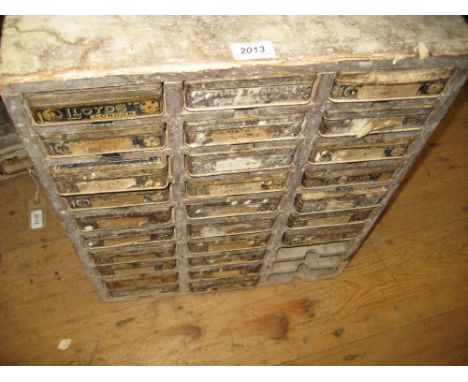 Wooden and tin nest of small drawers containing various tools etc (ex Norman and Raymond, Clapham Workshop)