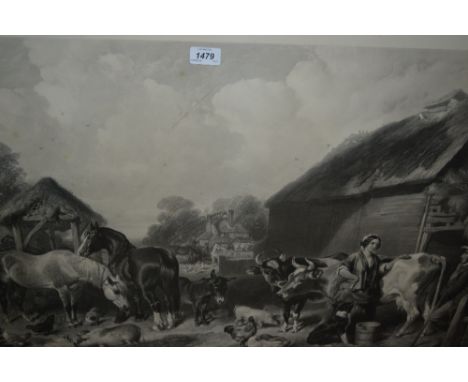 Large 19th Century engraving and an English farmyard, another Royal Company of Archers and another of Curlers and a modern pr
