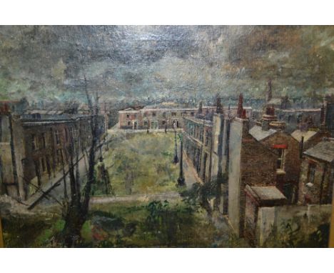 Two framed oils, view across a suburban landscape, indistinctly signed verso and lamp lit street scene