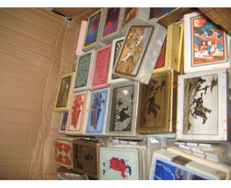 Large box containing a large quantity of Art Deco packs of playing cards and Royalty related cards