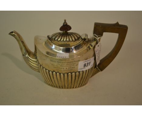 Birmingham silver oval half gadroon presentation teapot engraved 1892 with boxwood finial and handle