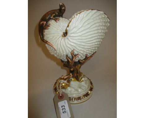 Royal Worcester shell form vase decorated with gilded shells and a figure of a lizard