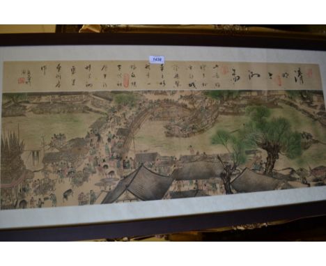 Chinese coloured print, figures crossing a bridge with text and seal marks, 14ins x 34ins, framed 