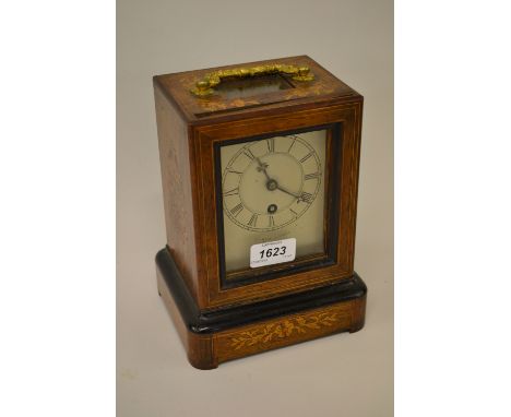 19th Century French rosewood line and marquetry inlaid mantel clock, the rectangular case enclosing a silvered dial with Roma