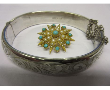 9ct Yellow gold star form mother of pearl and turquoise set brooch (a/f) and a silver floral engraved bangle