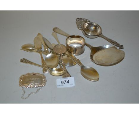Miscellaneous silver teaspoons, decanter label, silver server etc.
