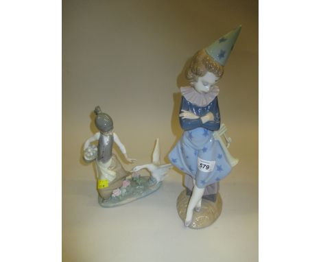 Lladro figure of a girl wearing a clown outfit and holding a trumpet together with another of a girl and goose