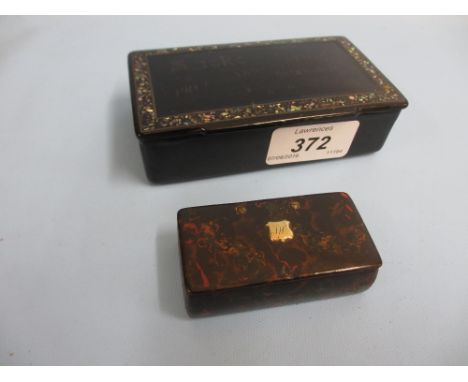 Large early 20th Century lacquered mother of pearl and pewter line inlaid snuff box, the cover with advertising slogan, inscr