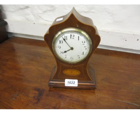 Edwardian oak line and lunette inlaid mantel clock with enamel dial, Roman numerals and single train movement