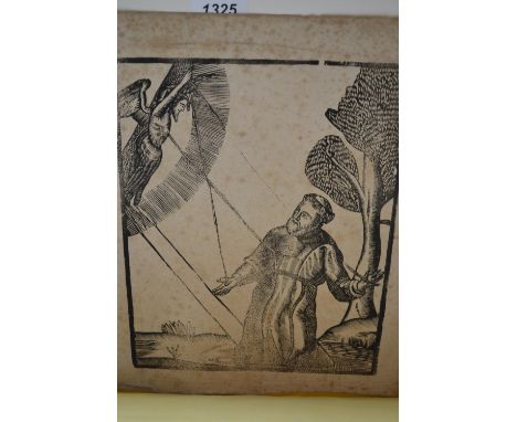 15th / 16th Century woodcut print, the wounds of Christ being inflicted on Francis Asissi, 11.5ins x 9.5ins including full ma
