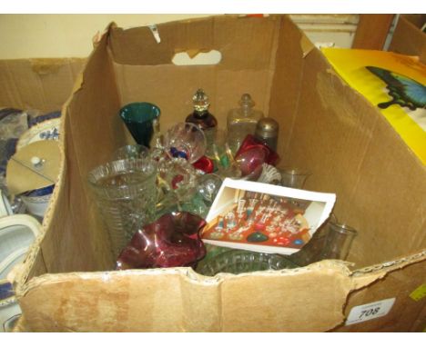 Box containing a quantity of various glassware including two opaque twist stem glasses (a/f), 18th Century decanter with stop