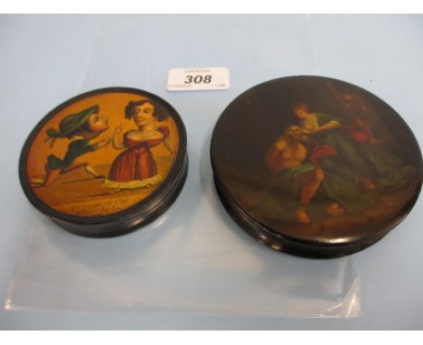 19th Century circular papier mache snuff box painted with a classical scene together with another Monsieur Courbett